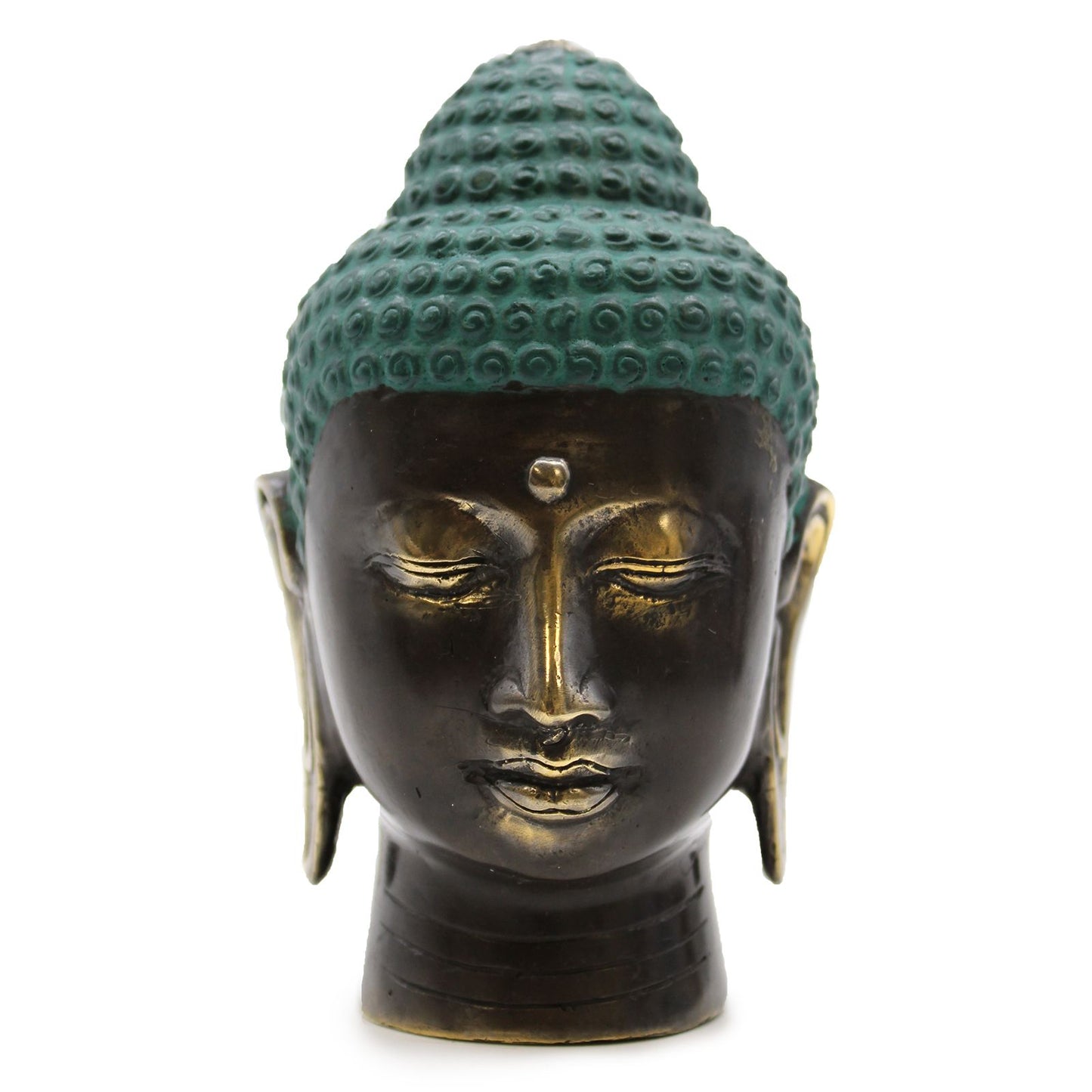 Detailed large Buddha head statue crafted from brass with an antique finish.