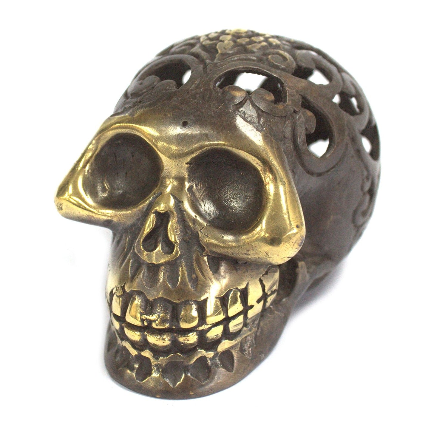 Intricately detailed medium-sized skull ornament crafted from polished vintage-style brass.