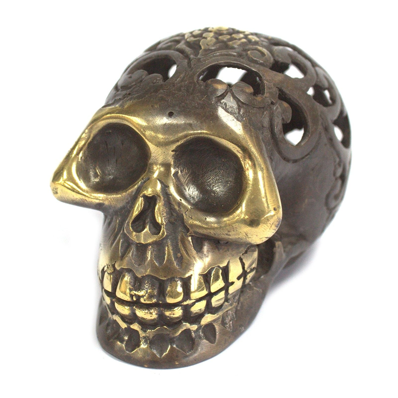 Intricately detailed medium-sized skull ornament crafted from polished vintage-style brass.