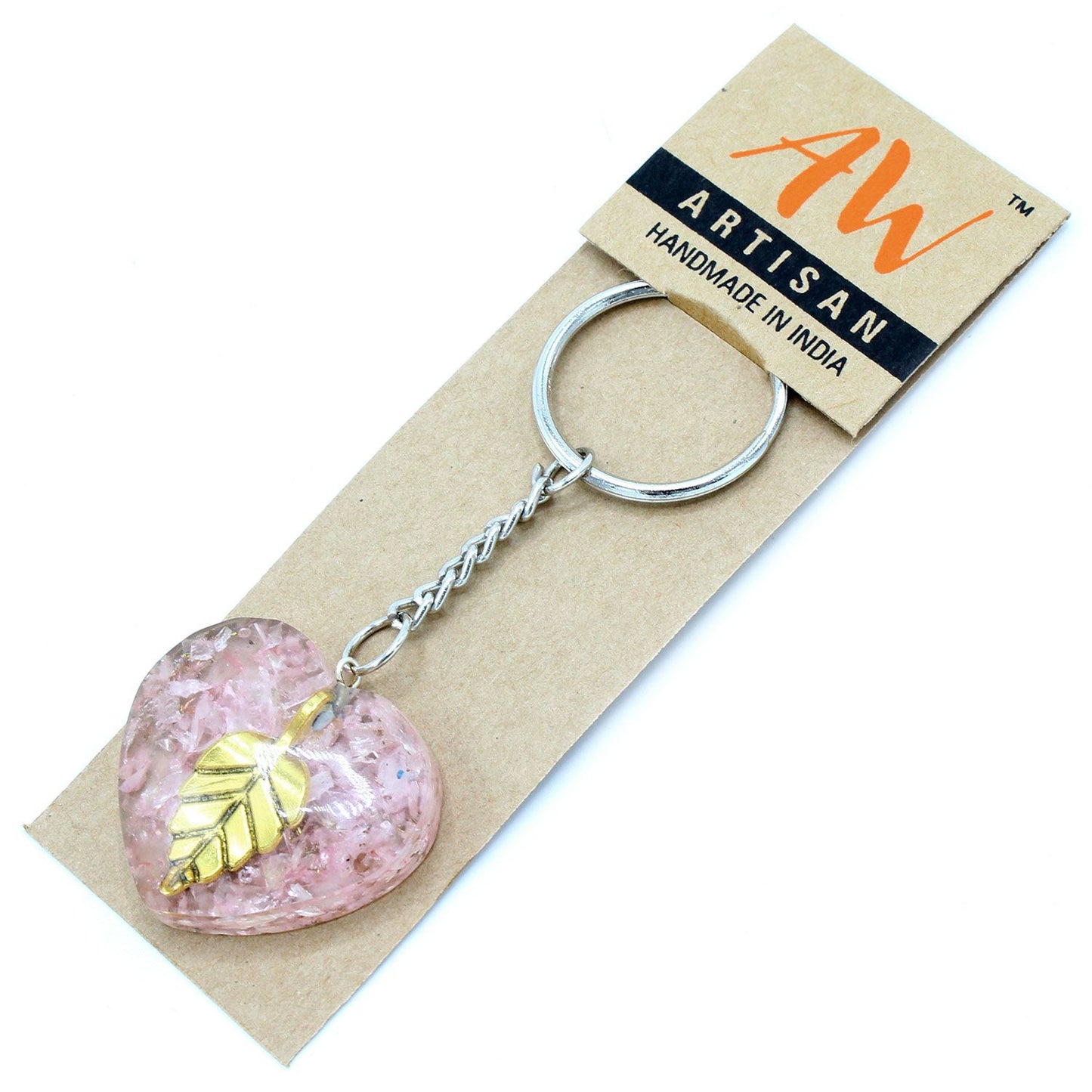 Handcrafted heart-shaped rose quartz orgonite keyring with shimmering golden leaf flakes embedded in clear resin.