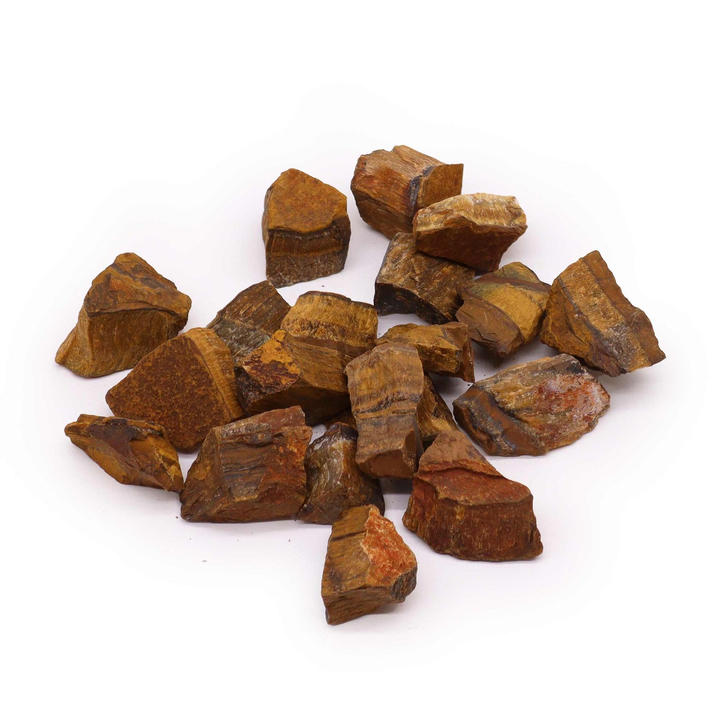 A collection of raw Tiger Eye crystals showing natural golden-brown chatoyant patterns and rough textures.