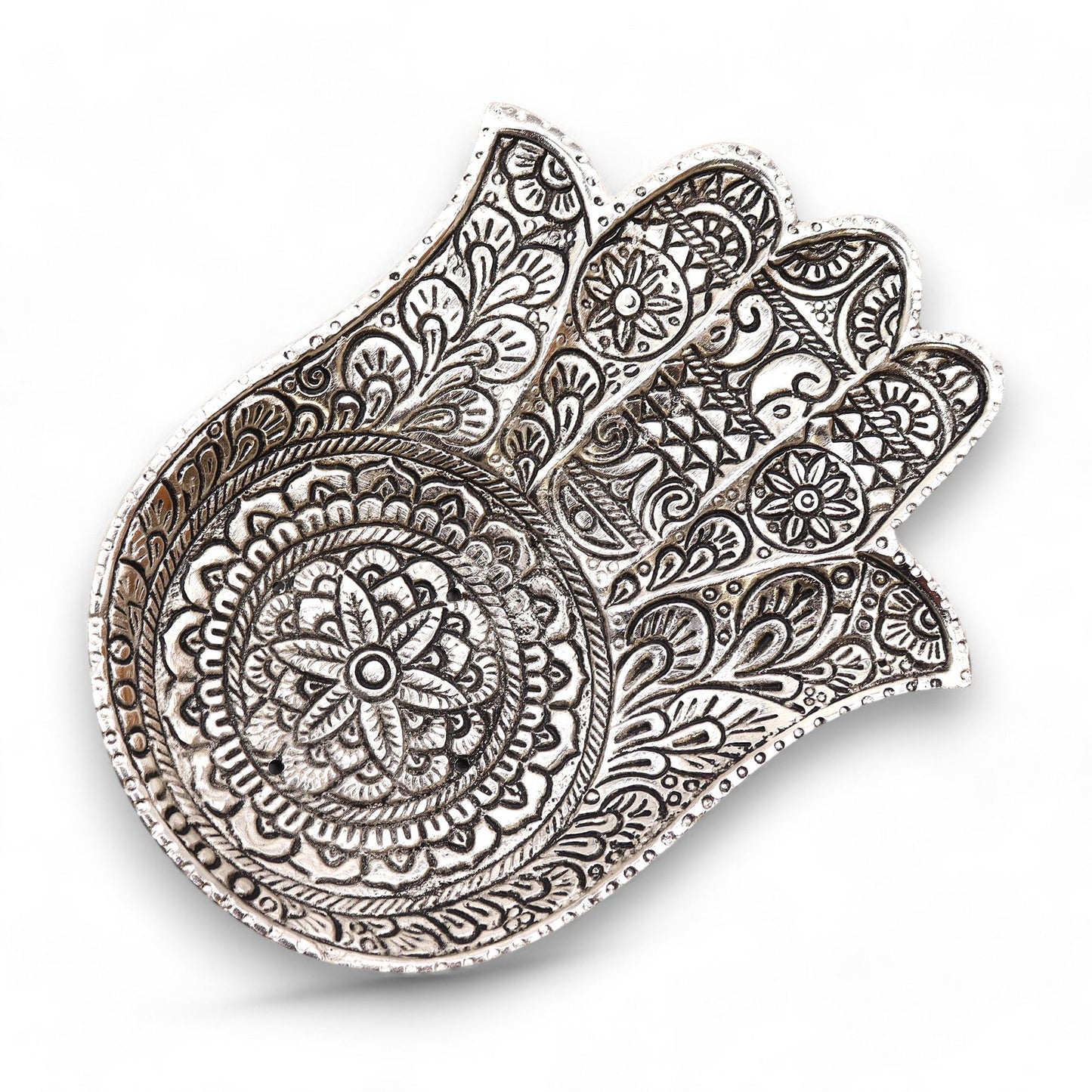 Large polished aluminium incense holder featuring a detailed Hamsa hand design with a sleek metallic finish.