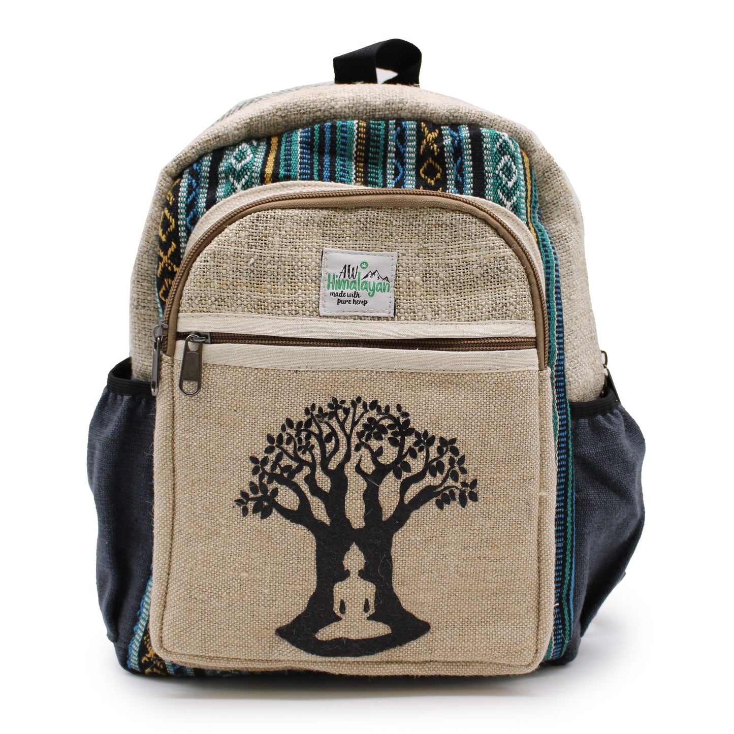 Small natural hemp backpack with a black printed Bohdi Tree design on the front pocket.