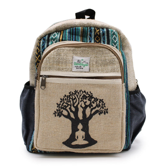Small natural hemp backpack with a black printed Bohdi Tree design on the front pocket.