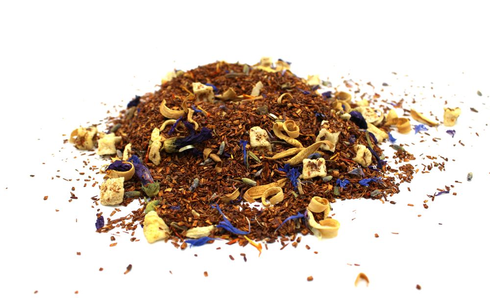 Bulk 1kg bag of loose leaf reddish-brown rooibos tea mixed with dried lavender, apple pieces and orange peel.
