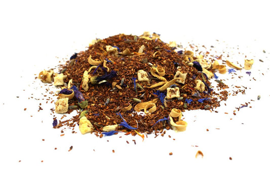 Bulk 1kg bag of loose leaf reddish-brown rooibos tea mixed with dried lavender, apple pieces and orange peel.