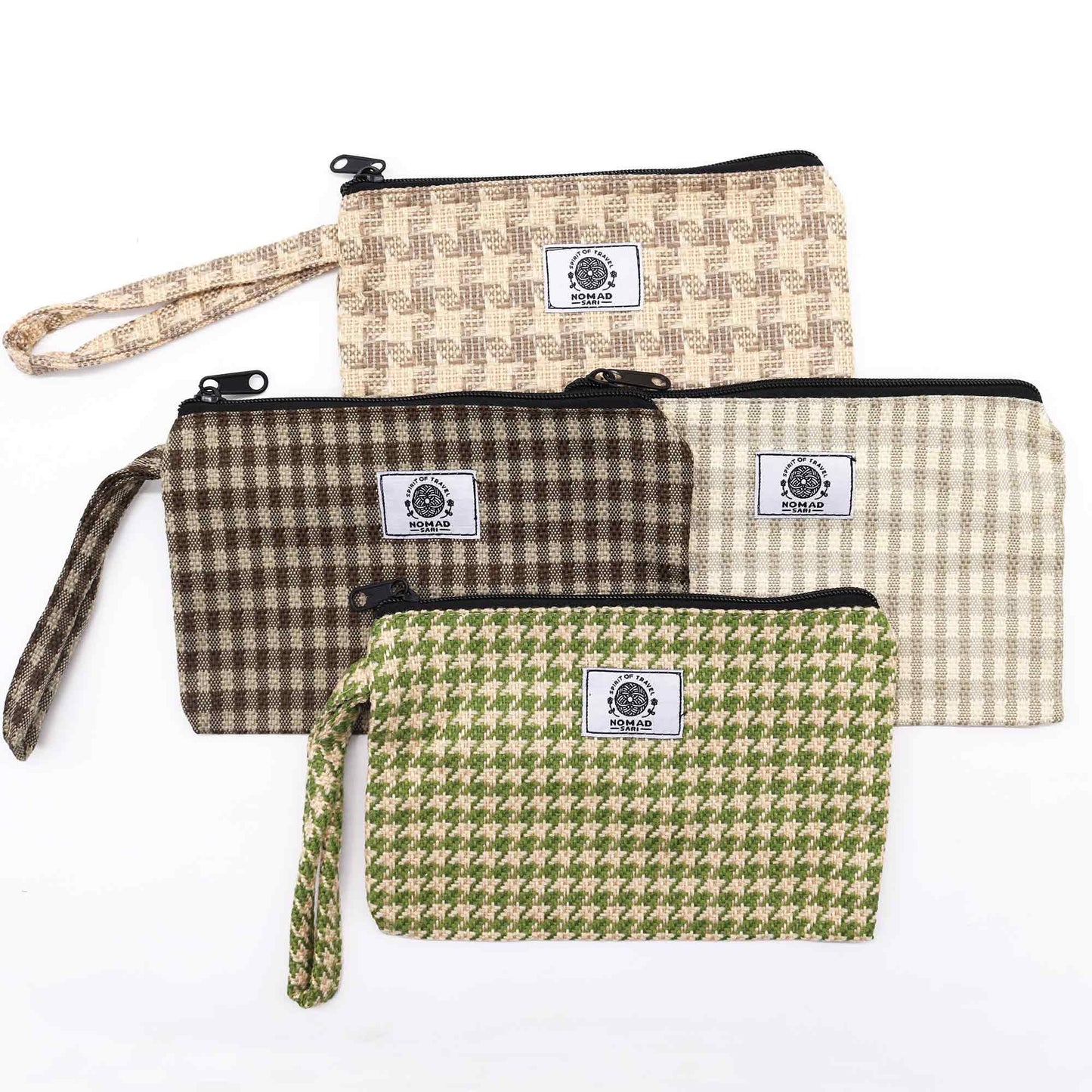 Textured fabric gift pouch with a loop fastener made from natural materials in an assorted variety.