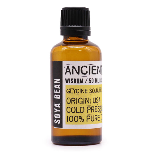 A 50ml amber glass bottle of Soya Bean base oil with a black screw cap, set against a neutral background.