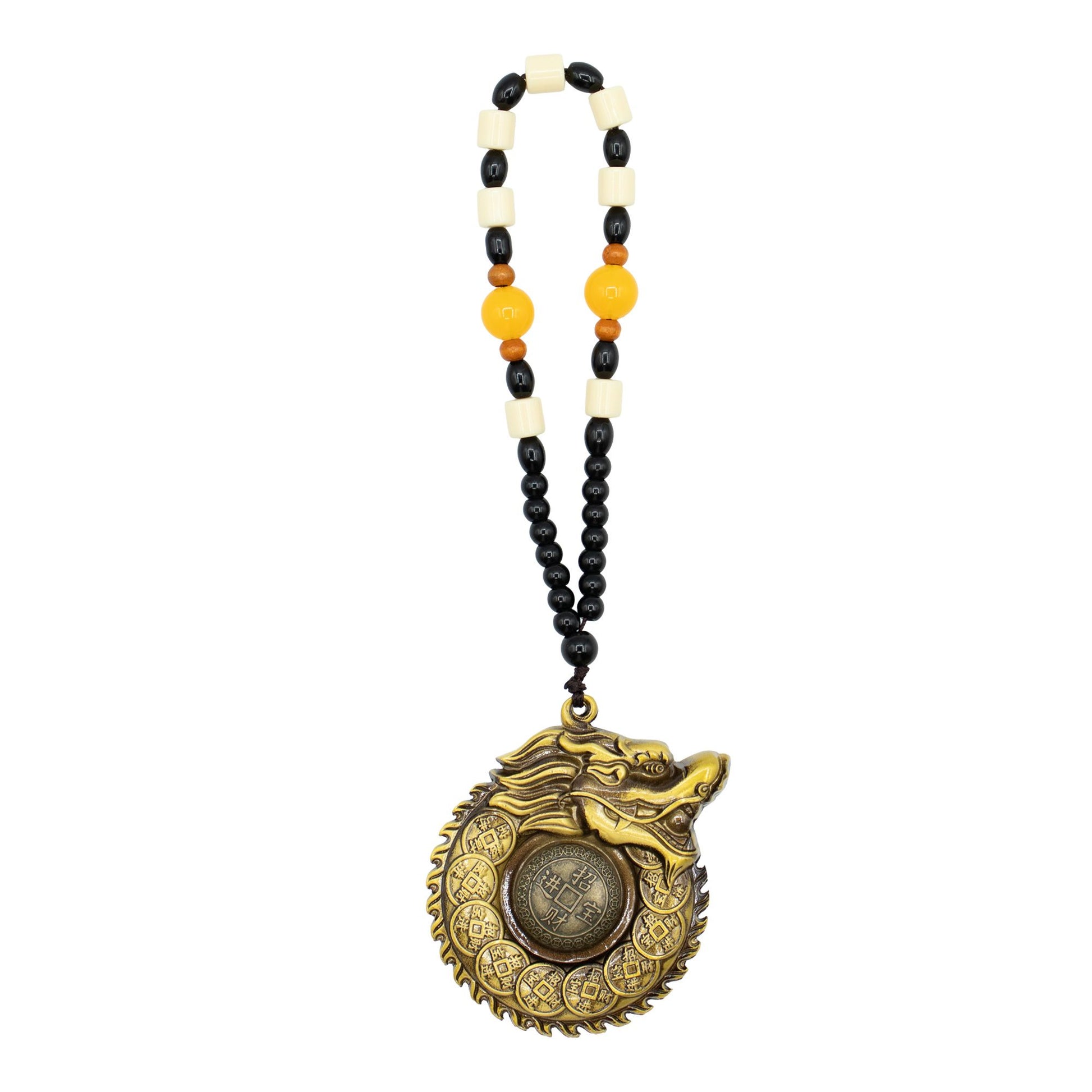 Intricate gold-coloured Feng Shui hanging featuring a dragon encircling a central wealth coin for protection.
