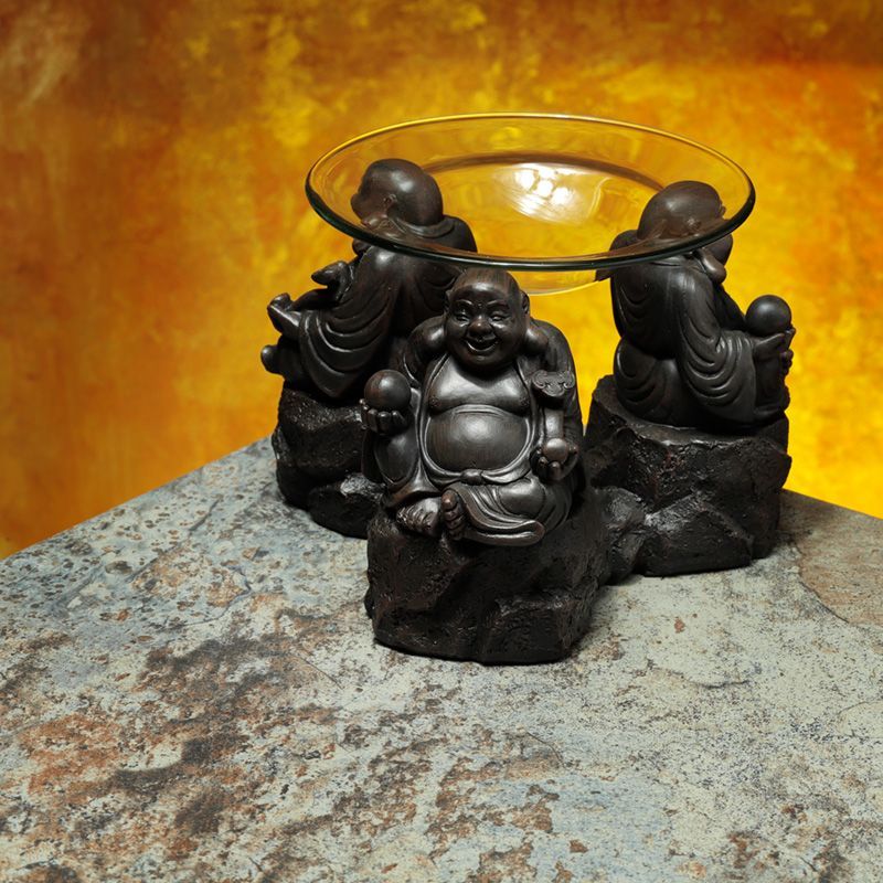 Detailed wood-effect Chinese Buddha figurine oil burner with a glass dish for wax melts and essential oils.