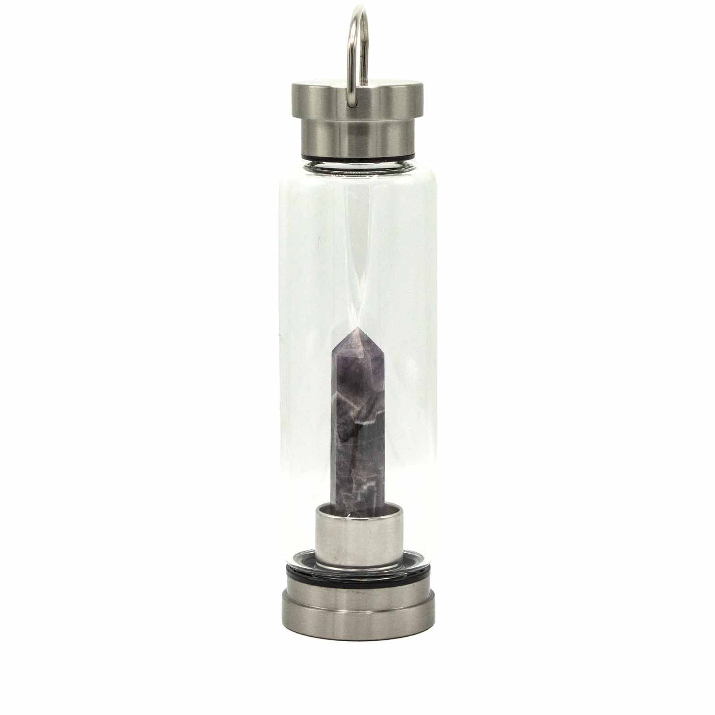Clear glass water bottle with a natural purple amethyst crystal obelisk fixed inside the base.