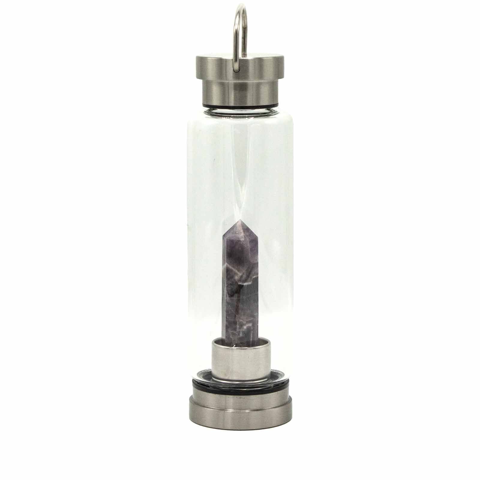 Clear glass water bottle with a natural purple amethyst crystal obelisk fixed inside the base.