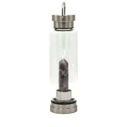 Clear glass water bottle with a natural purple amethyst crystal obelisk fixed inside the base.