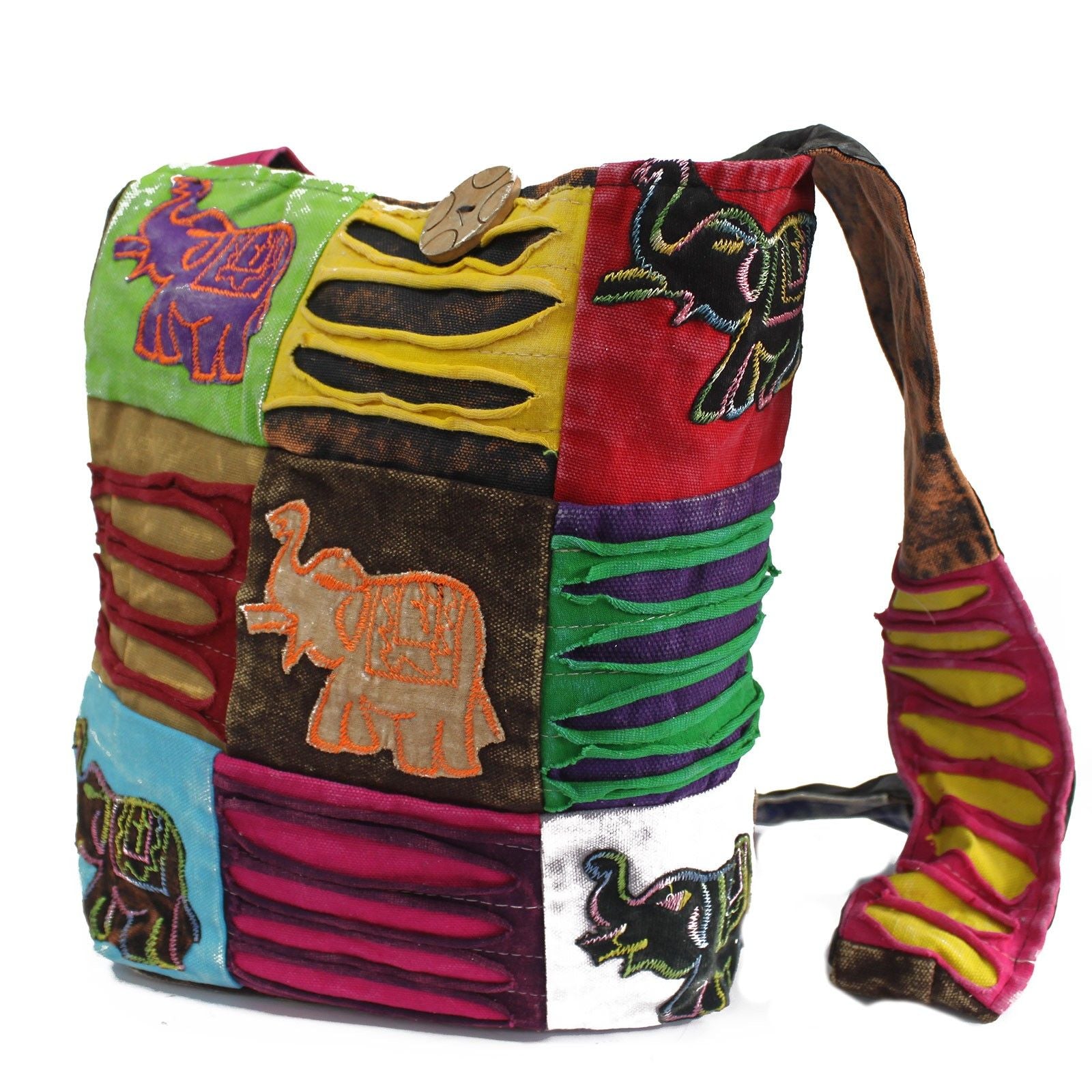 A vibrant chocolate-coloured ethnic sling bag featuring an intricate elephant design and a long comfortable shoulder strap.