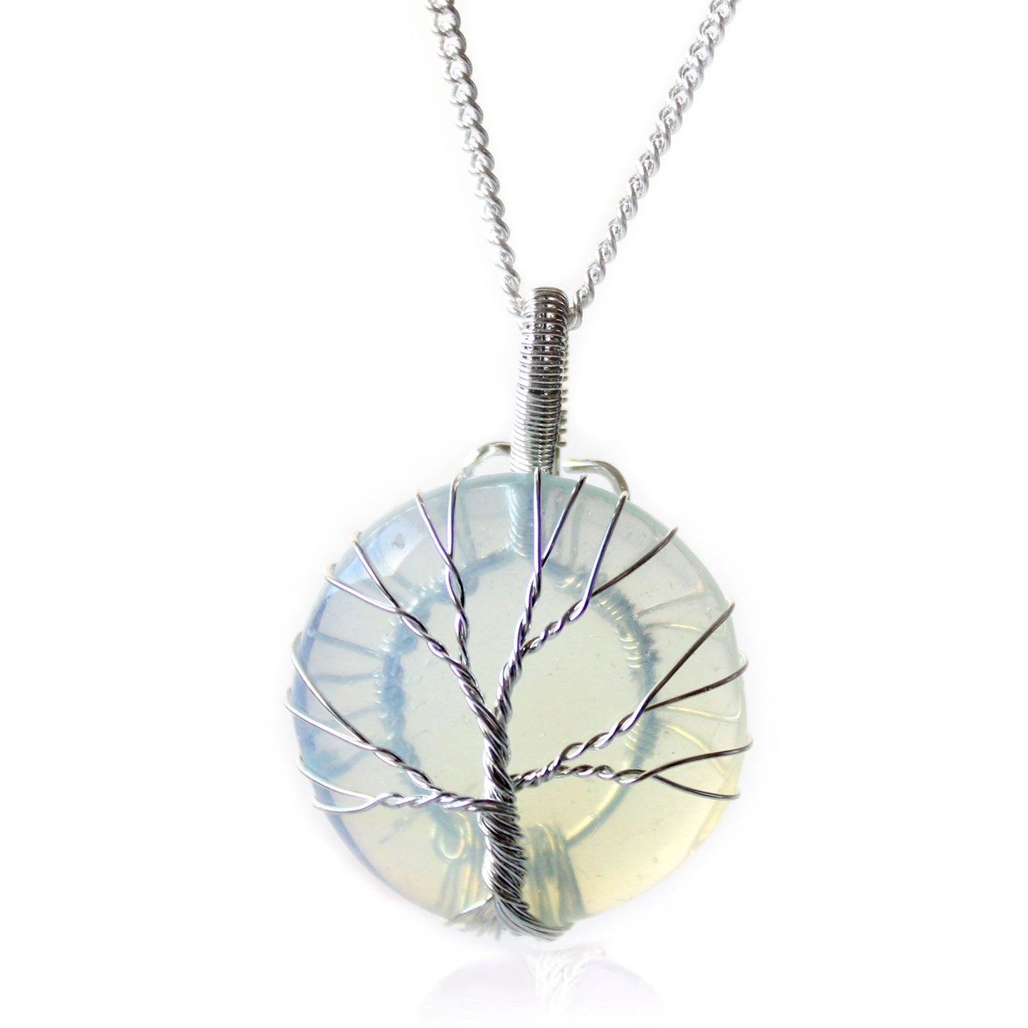 Silver-toned Tree of Life wire-wrapped pendant featuring a luminous, milky iridescent opalite gemstone bead.