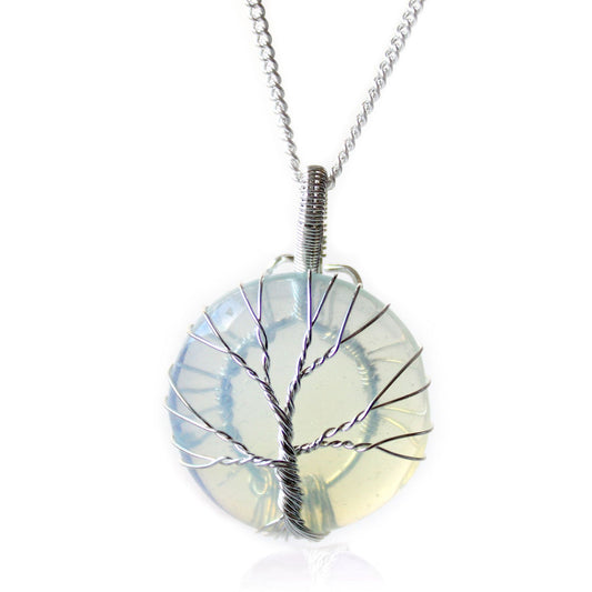 Silver-toned Tree of Life wire-wrapped pendant featuring a luminous, milky iridescent opalite gemstone bead.