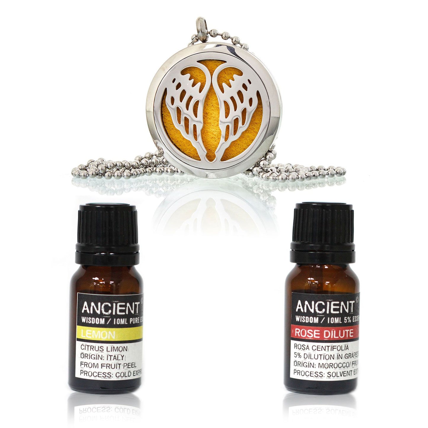 Elegant silver-toned aromatherapy diffuser necklace with a decorative locket and essential oil bottles.