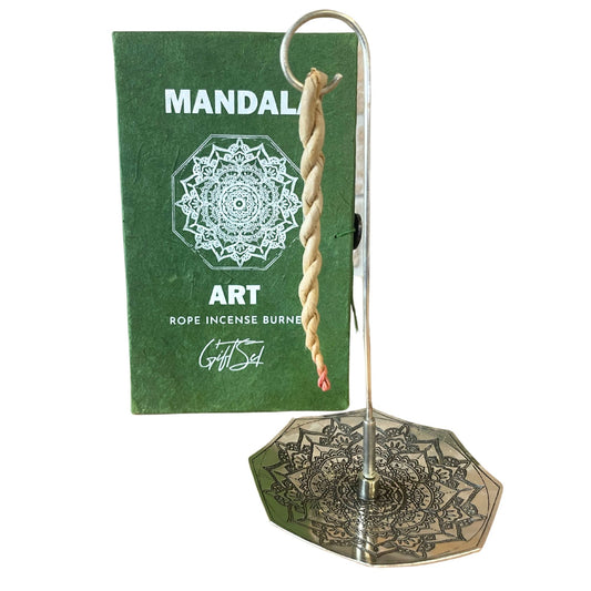 Handcrafted rope incense bundles paired with a decorative silver-plated holder featuring a detailed mandala flower design.