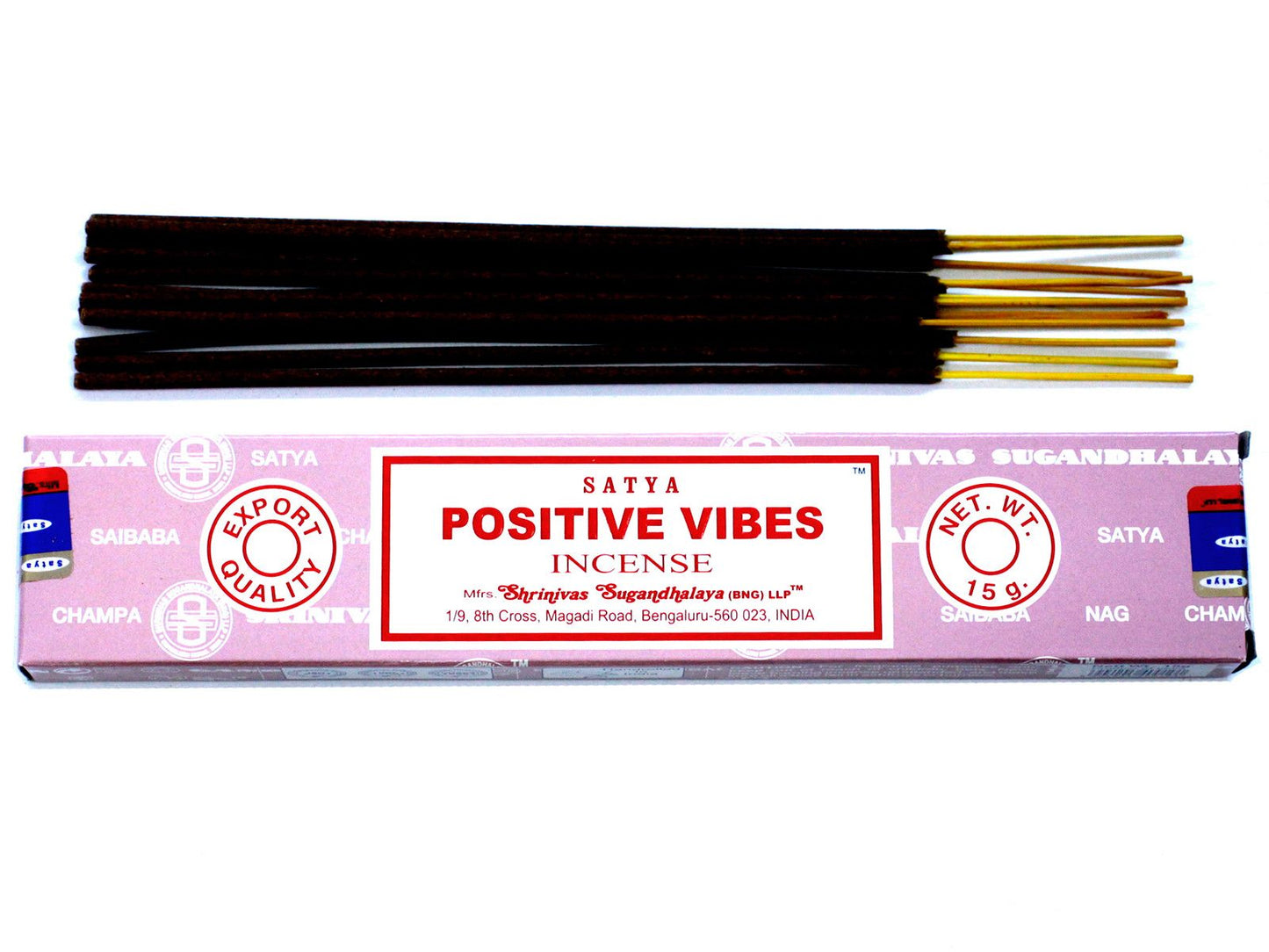 Hand-rolled incense sticks in a blue and yellow box with floral patterns and positive vibes text.