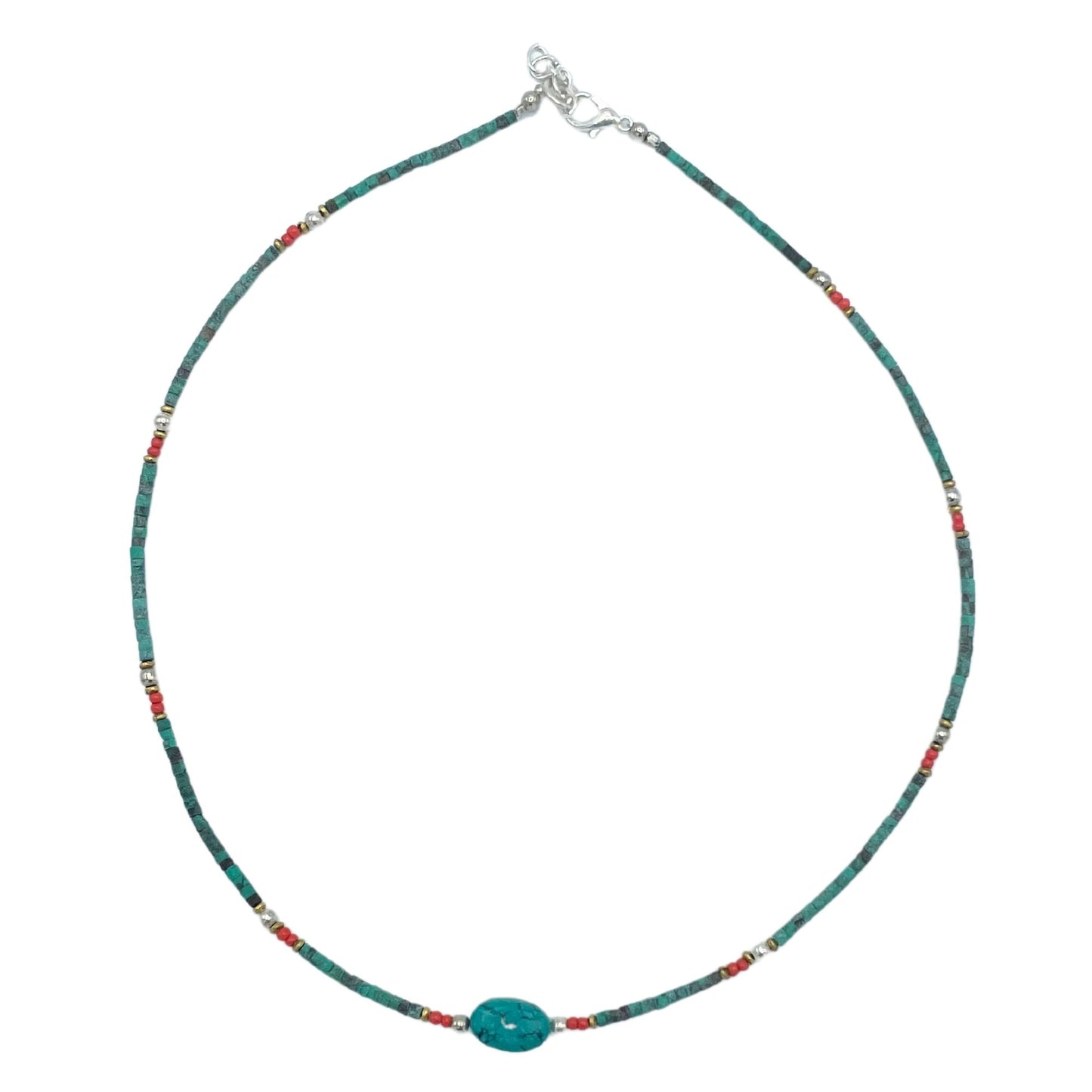 Intricate Nepalese gem necklace featuring vibrant turquoise beads and large polished stone accents on a delicate cord.