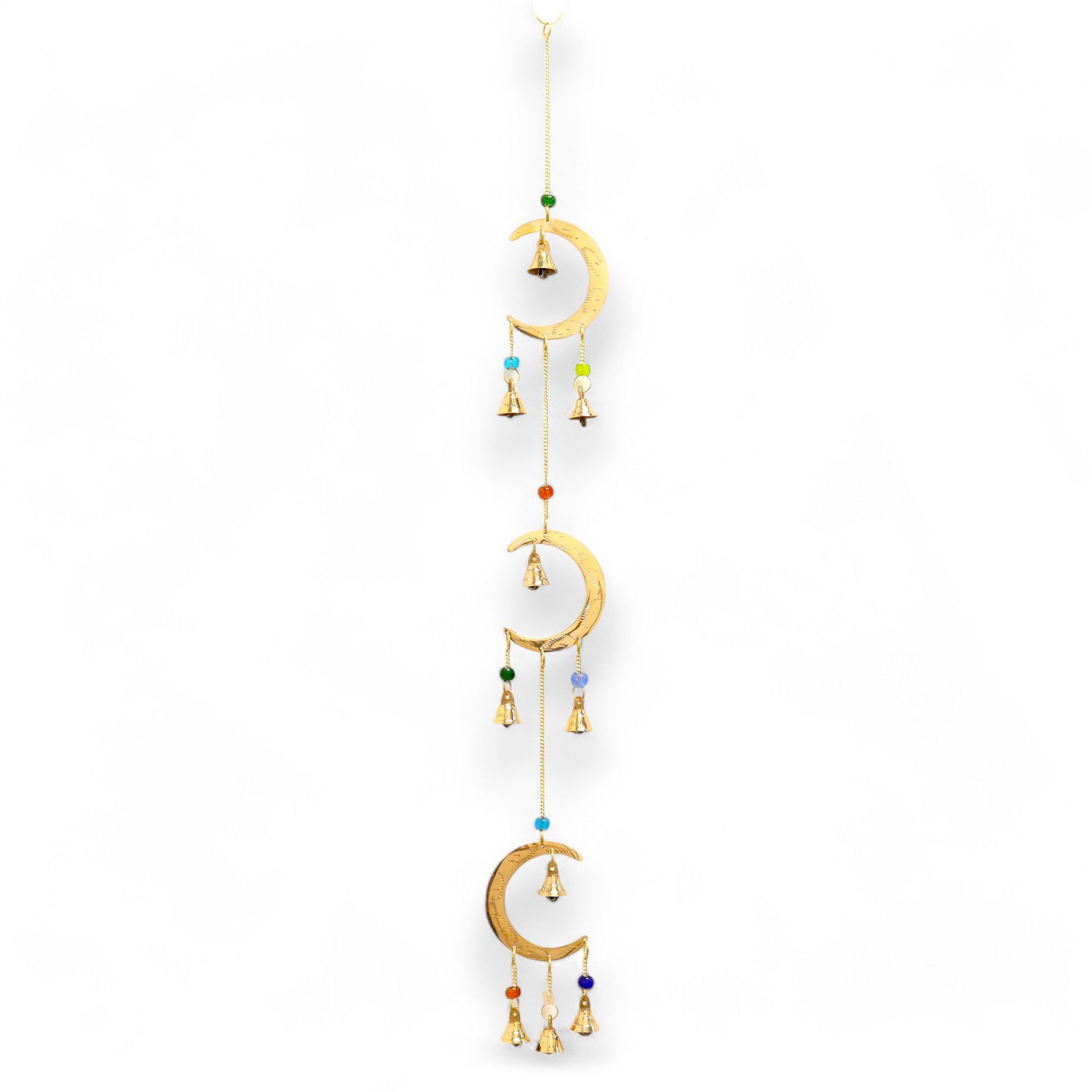 Handcrafted Indian chime featuring three brass crescent moons, vibrant coloured beads, and ten delicate brass bells.