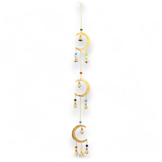 Handcrafted Indian chime featuring three brass crescent moons, vibrant coloured beads, and ten delicate brass bells.