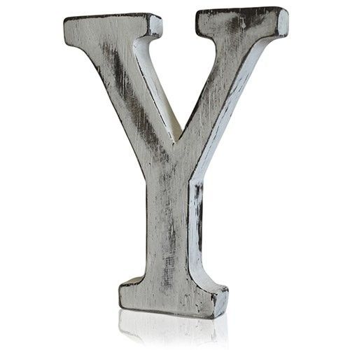 Hand-carved white-wash mango wood alphabet letter Y with a shabby chic distressed finish.