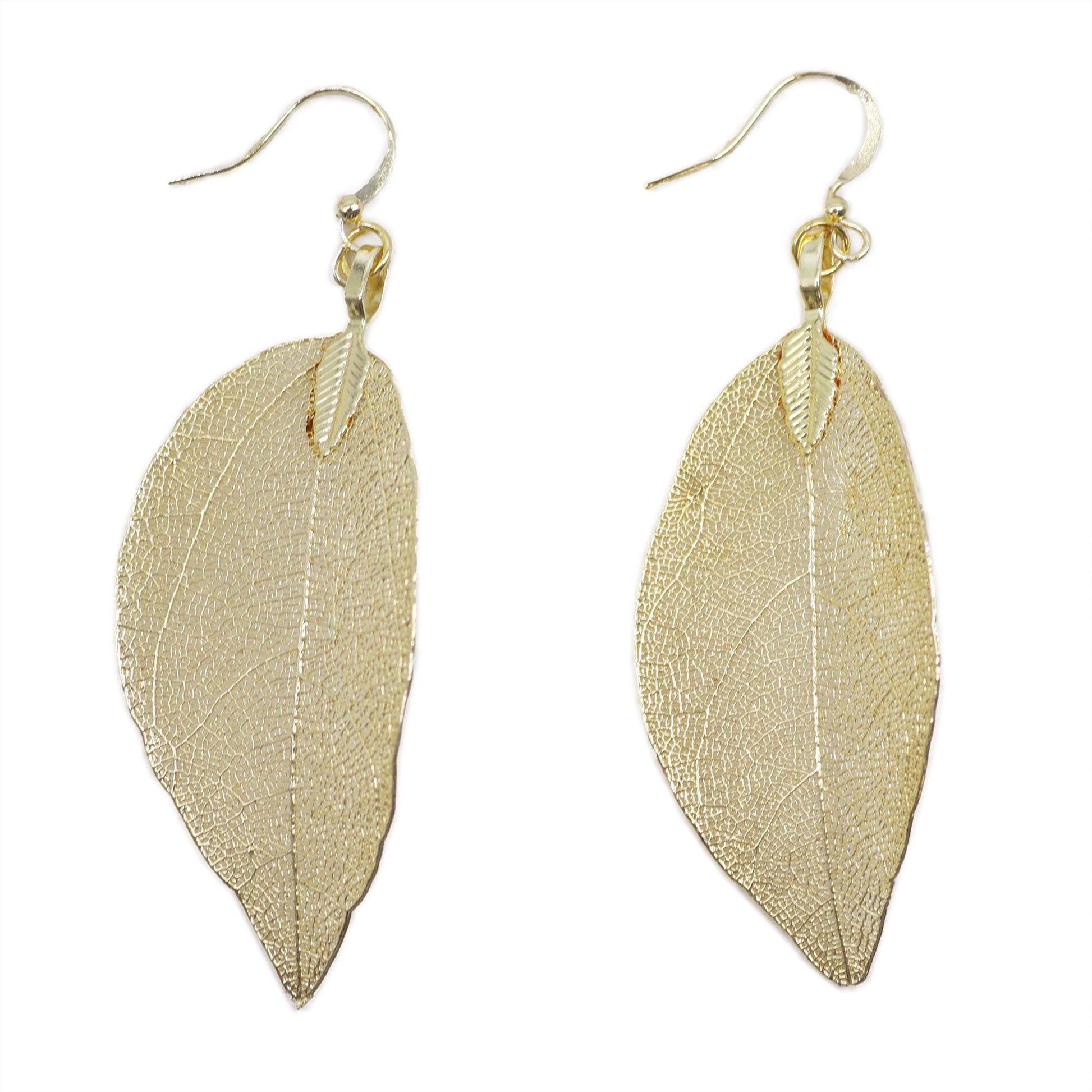 Intricate gold-plated leaf earrings showing natural organic veins and textures of real leaves.