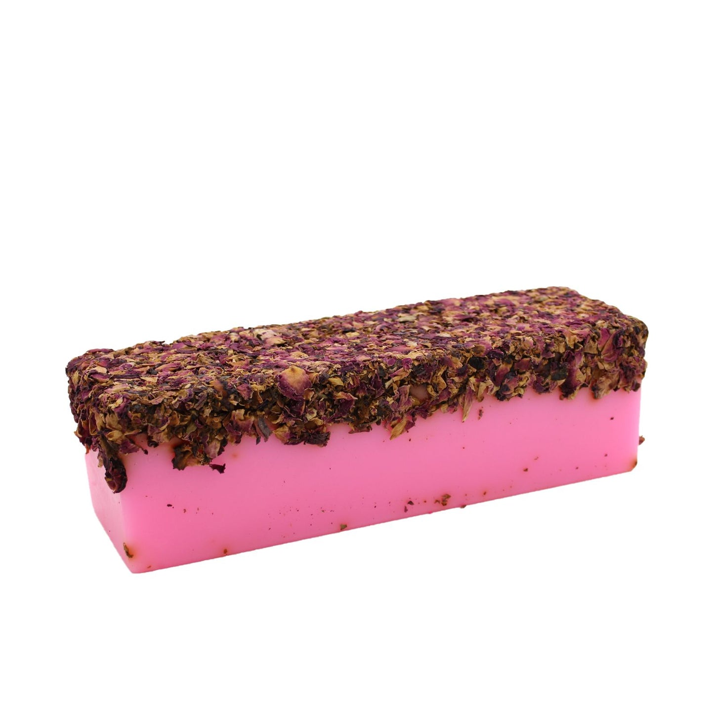 Hand-crafted soap loaf topped with a delicate layer of dried pink rose petals and featuring a natural textured finish.