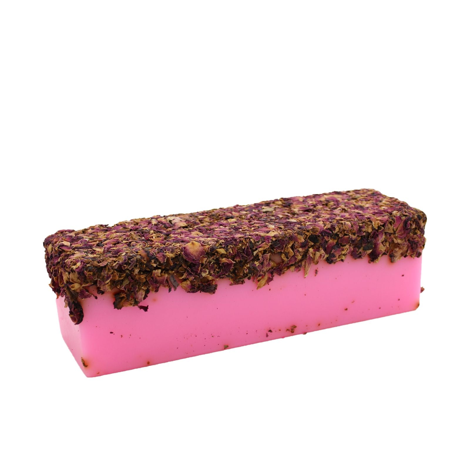Hand-crafted soap loaf topped with a delicate layer of dried pink rose petals and featuring a natural textured finish.