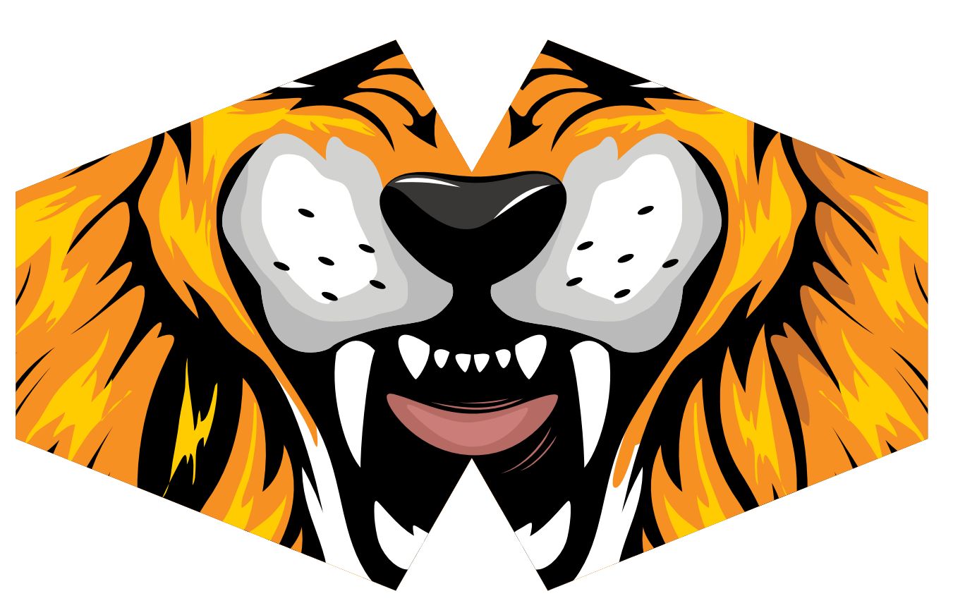 Fun children's reusable face mask featuring a vibrant orange and black tiger stripe pattern.