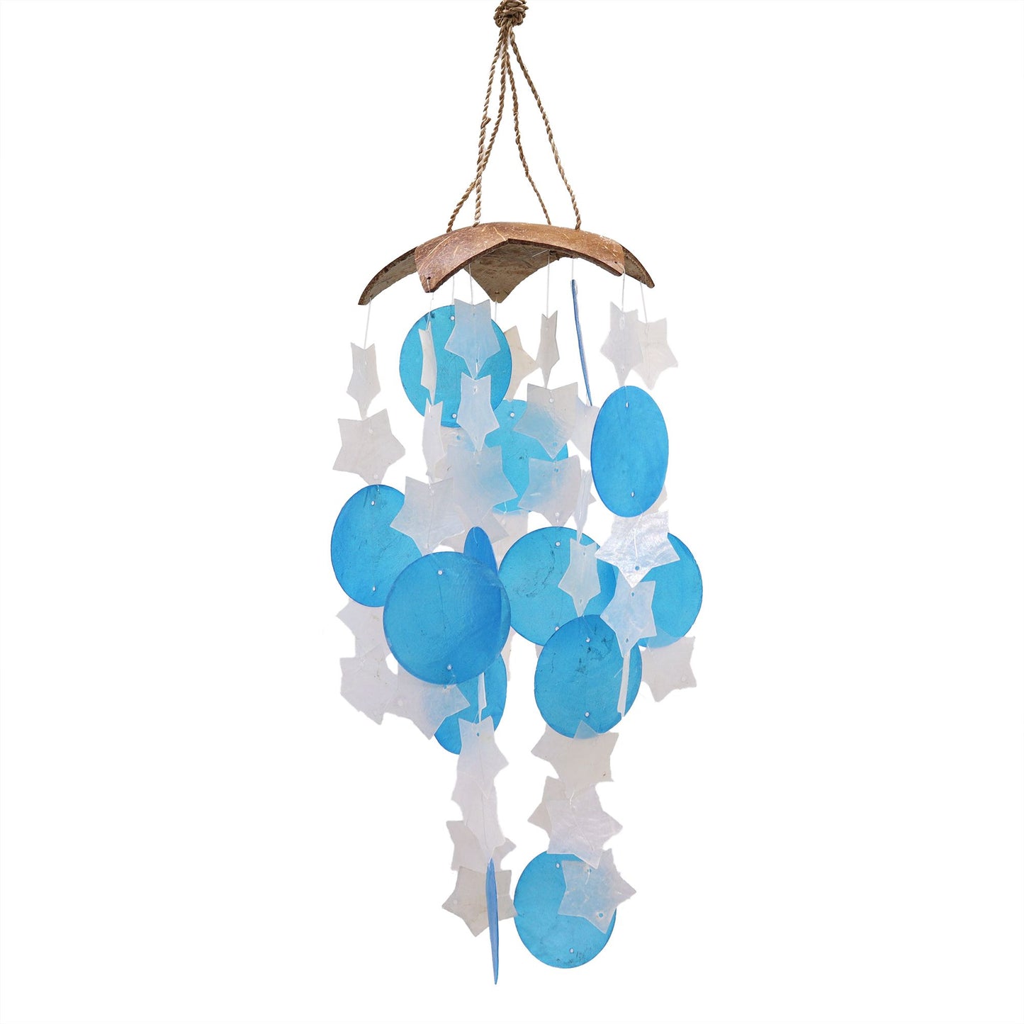 Handmade driftwood windchime featuring blue and white star-shaped Capiz shells hanging from a natural wood base.