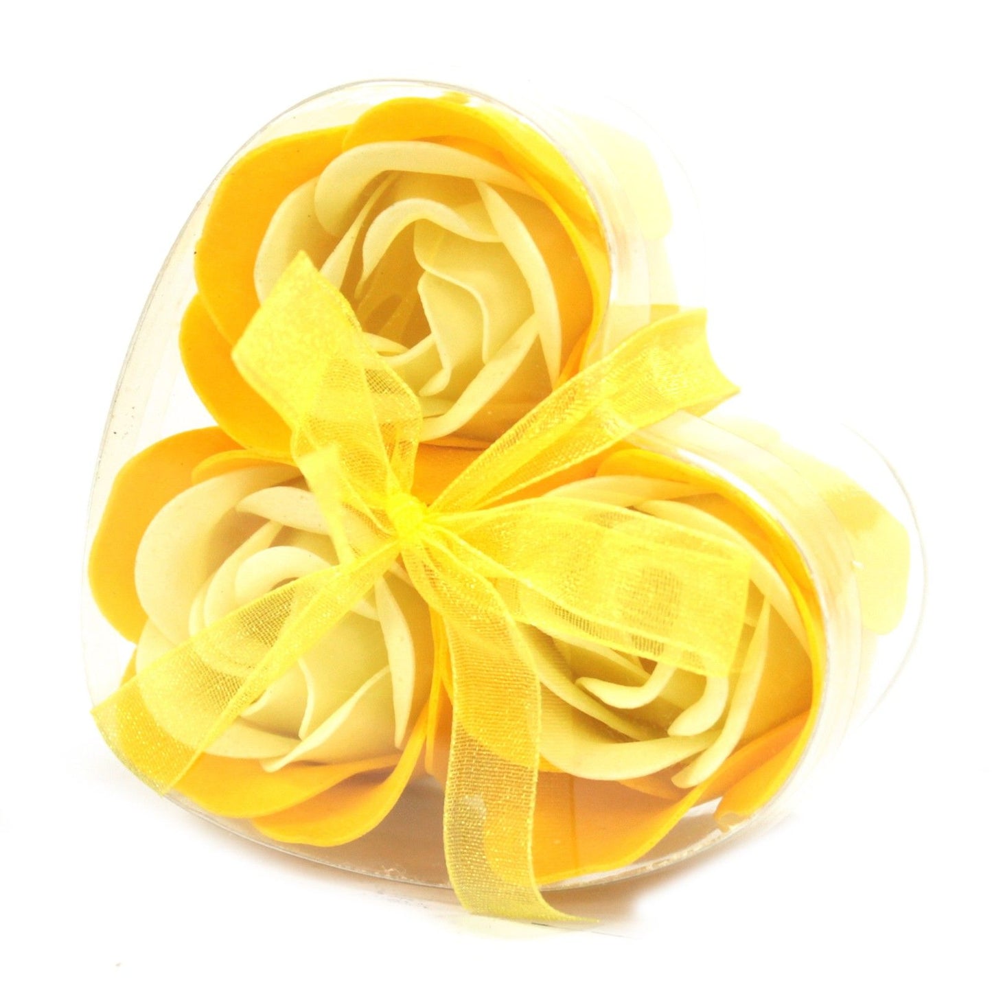 Heart-shaped gift box containing three realistic pink and white soap roses for a luxury bath experience.
