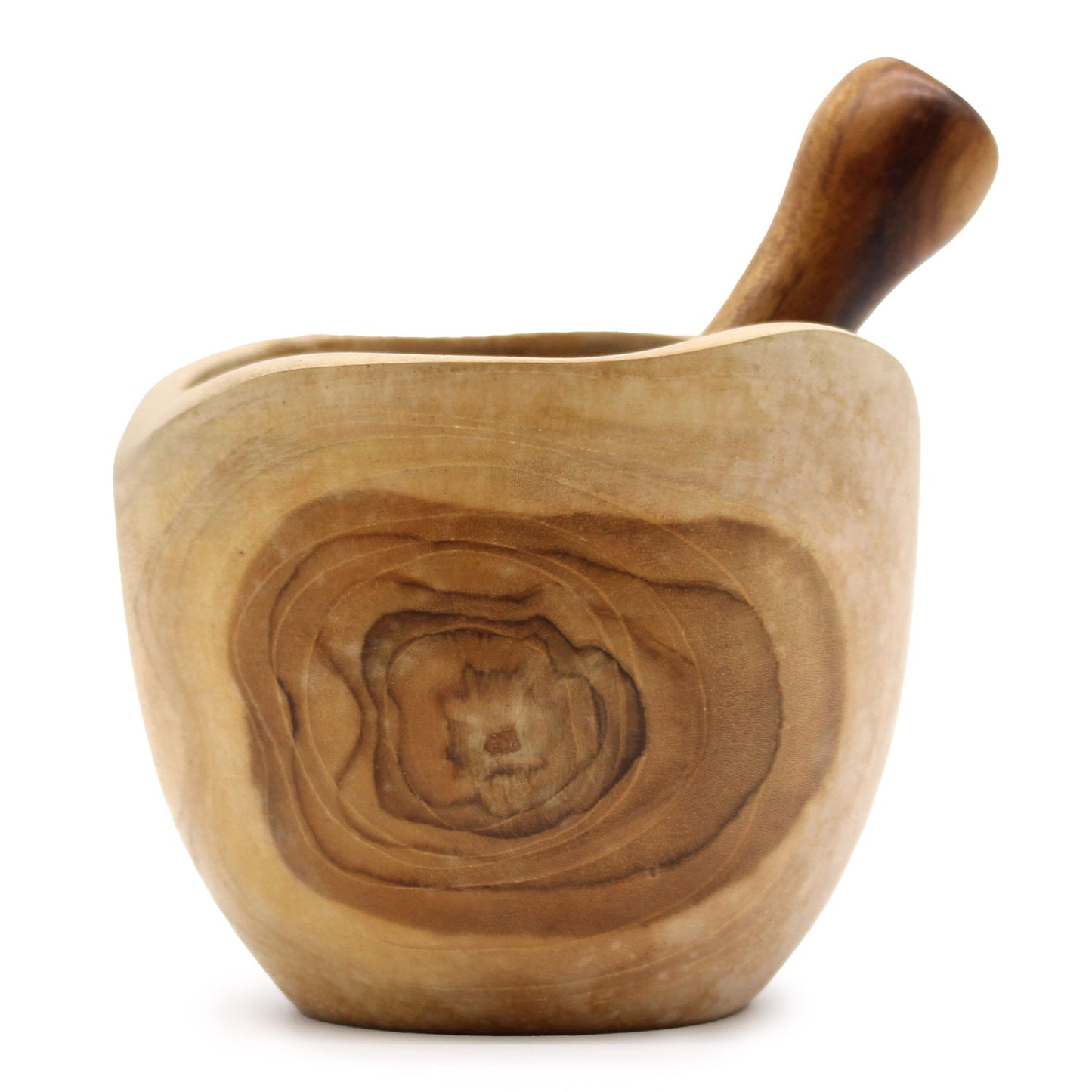 Large natural teak wood pestle and mortar with a smooth finish and ergonomic handle on a plain background.