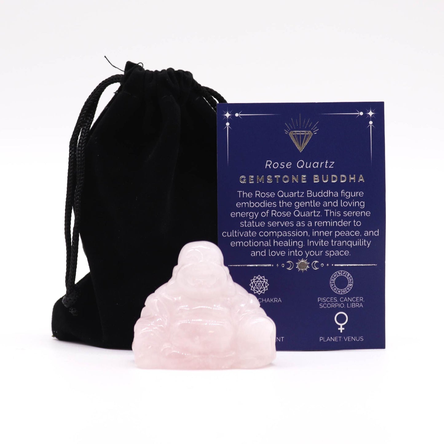Large hand-carved seated Buddha figure made from soft pink rose quartz gemstone.