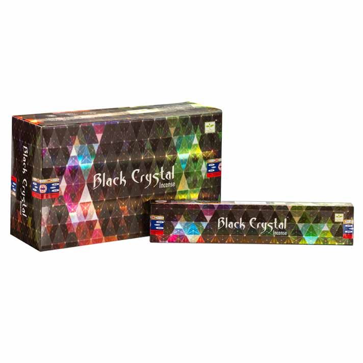A box of premium black crystal incense sticks with a holographic design on a neutral background.