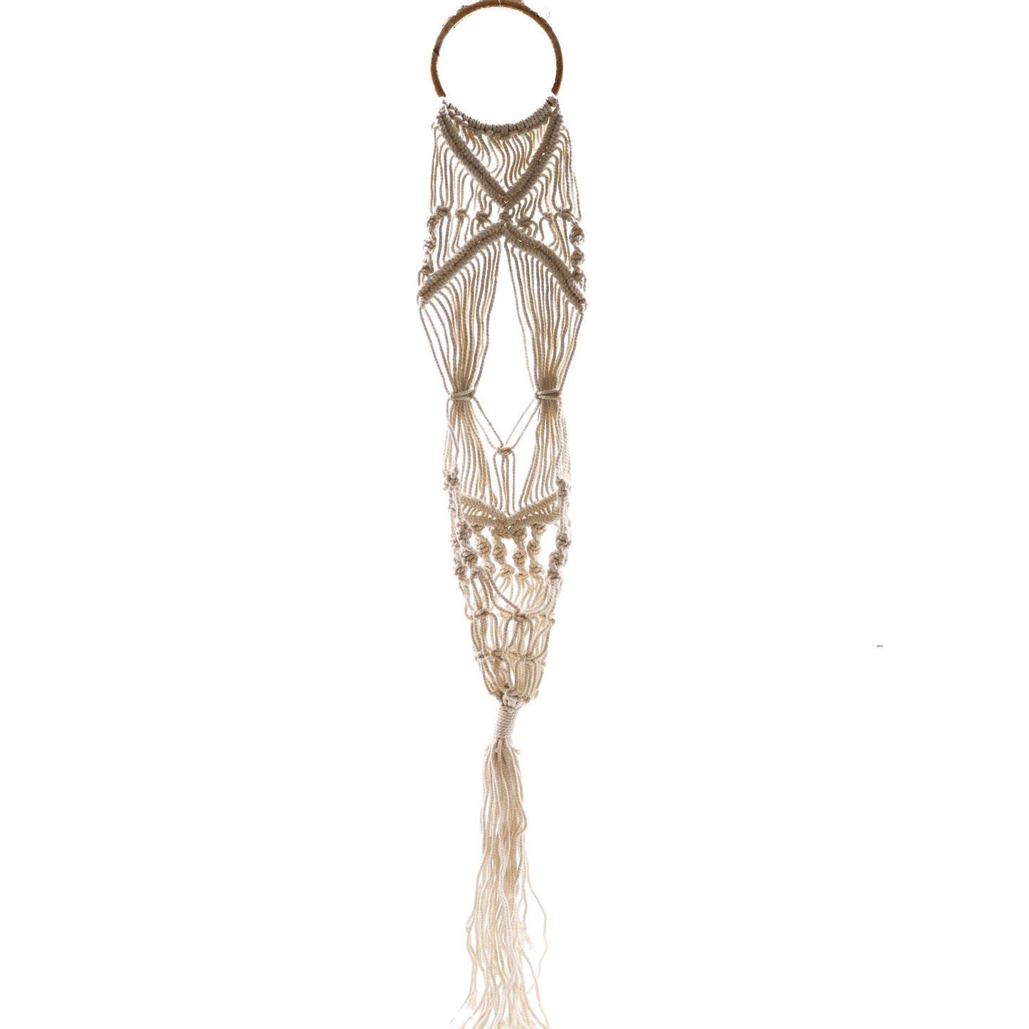 Long cream macrame plant hanger with an intricate woven design and a natural brown rattan hanging hoop.