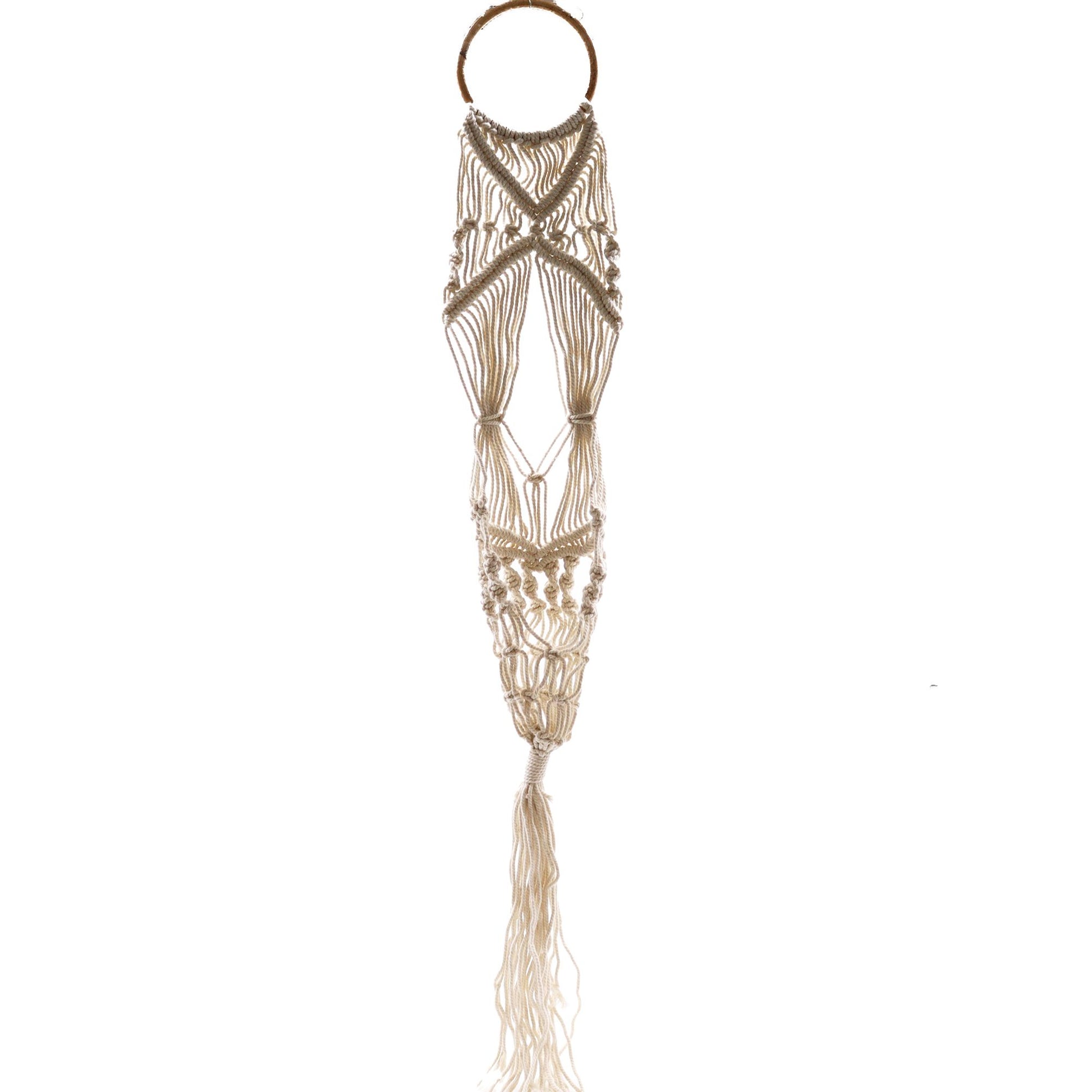 Long cream macrame plant hanger with an intricate woven design and a natural brown rattan hanging hoop.