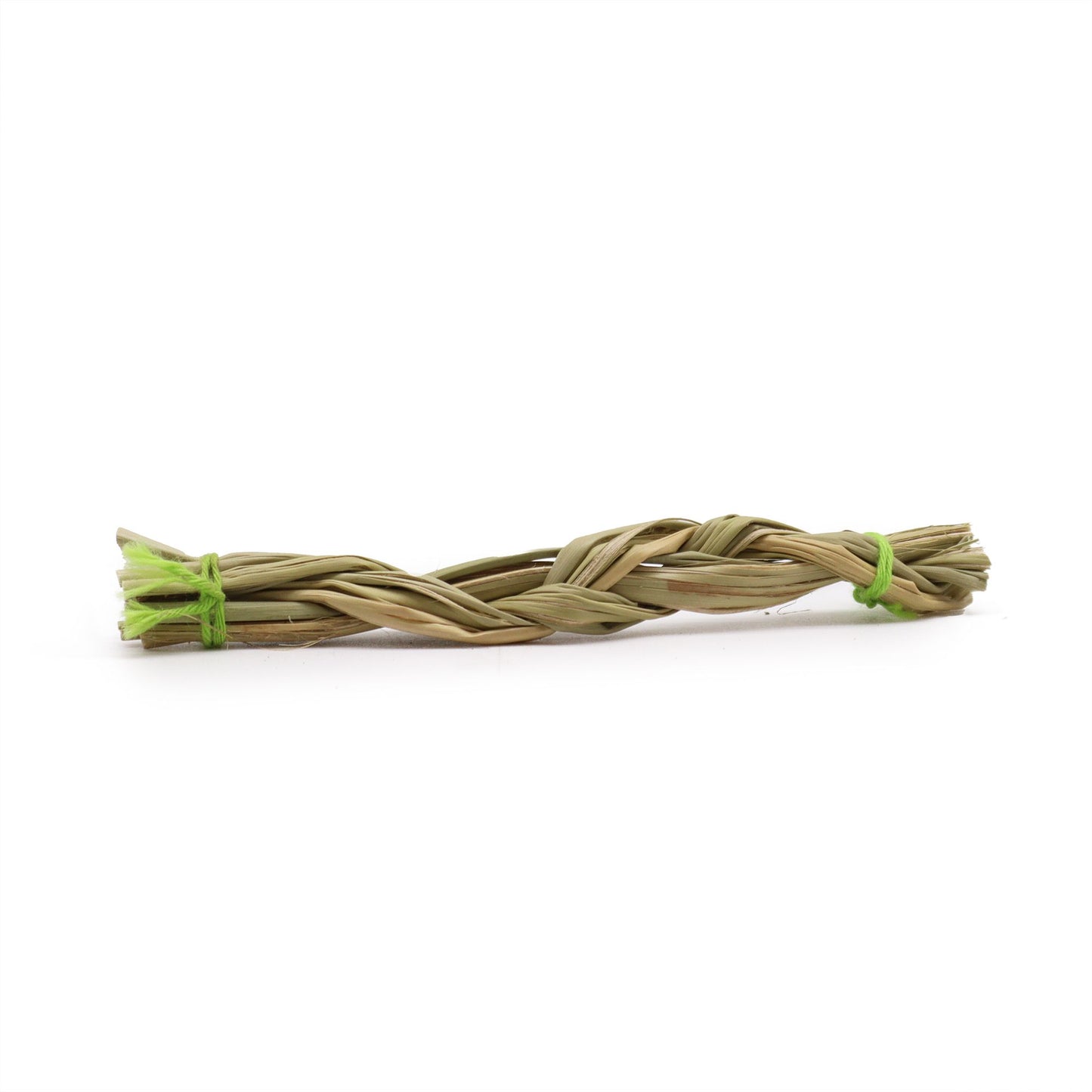 A single dried sweetgrass braid for smudging, neatly woven into a 10cm length for spiritual cleansing rituals.