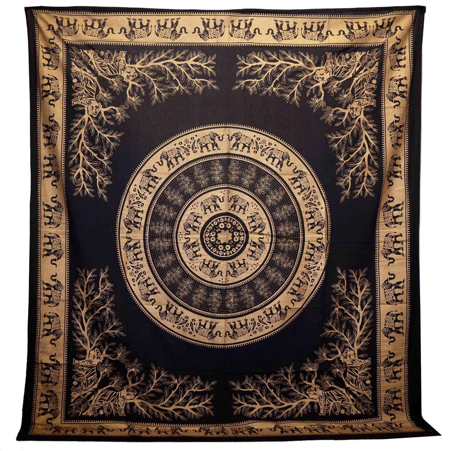 Large black and gold cotton bedspread featuring an intricate elephant and jungle motif, displayed as a wall hanging.
