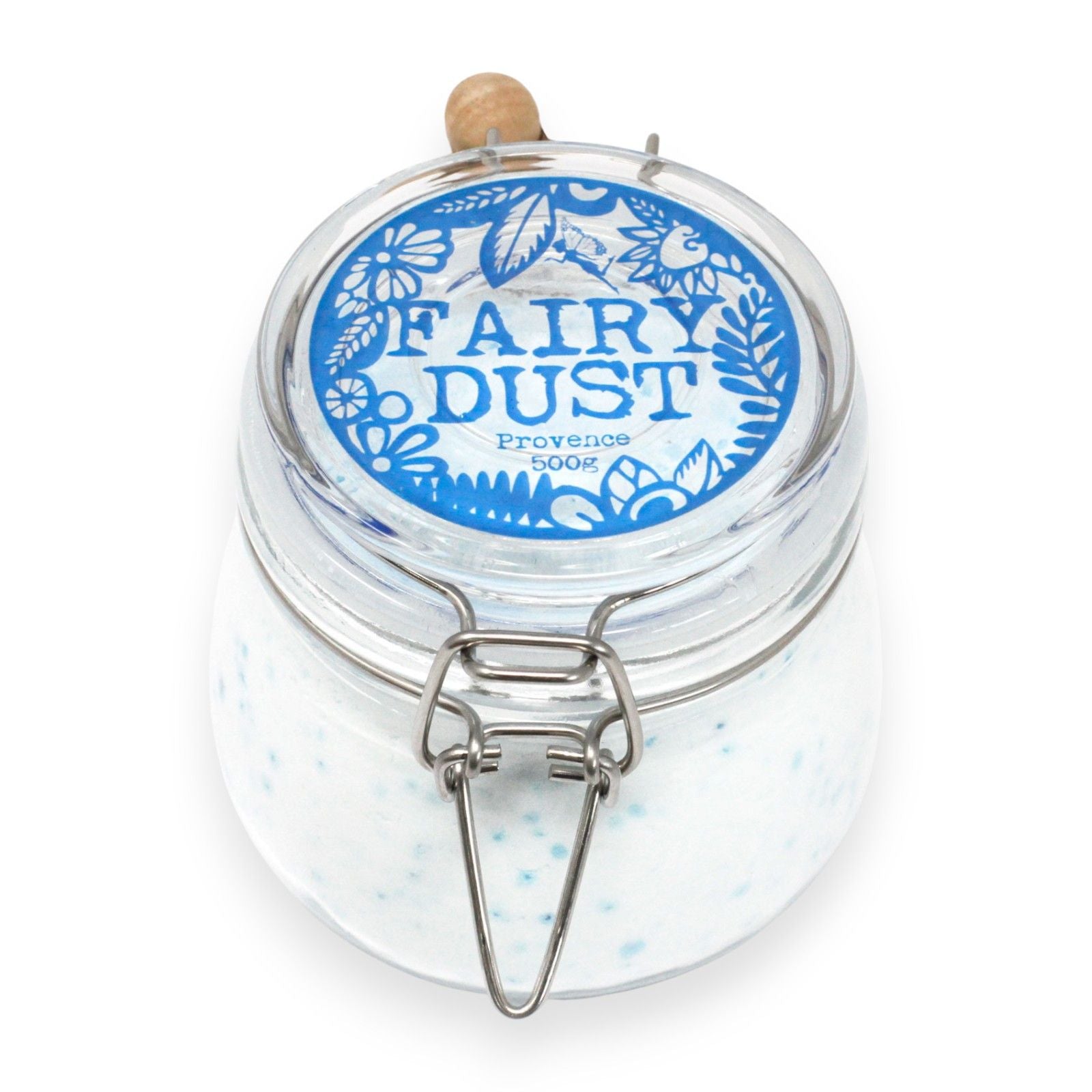 Large glass jar filled with white scented bath powder and a wooden scoop on a rustic background.