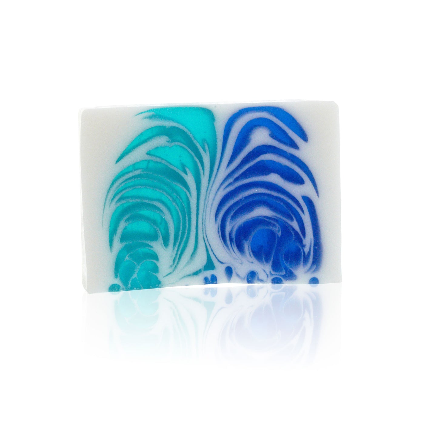 Blue and white marbled artisanal soap slice with a textured top and fresh oceanic appearance.