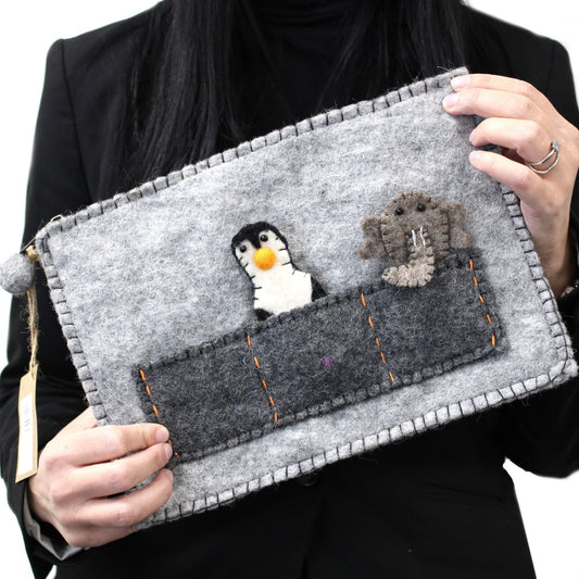 Soft protective tablet pouch with three colourful character finger puppets for interactive play.