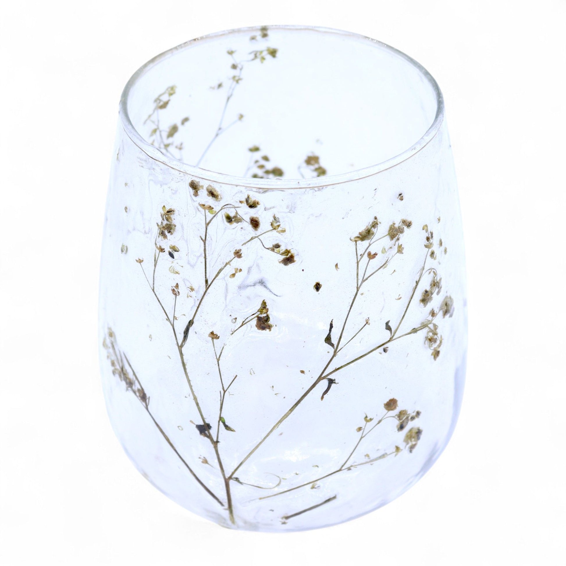Clear recycled glass vase candle holder featuring embedded yellow margarita flowers and green botanical details.