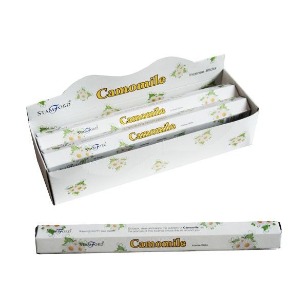 Hexagonal box of premium camomile incense sticks with a calming floral design.