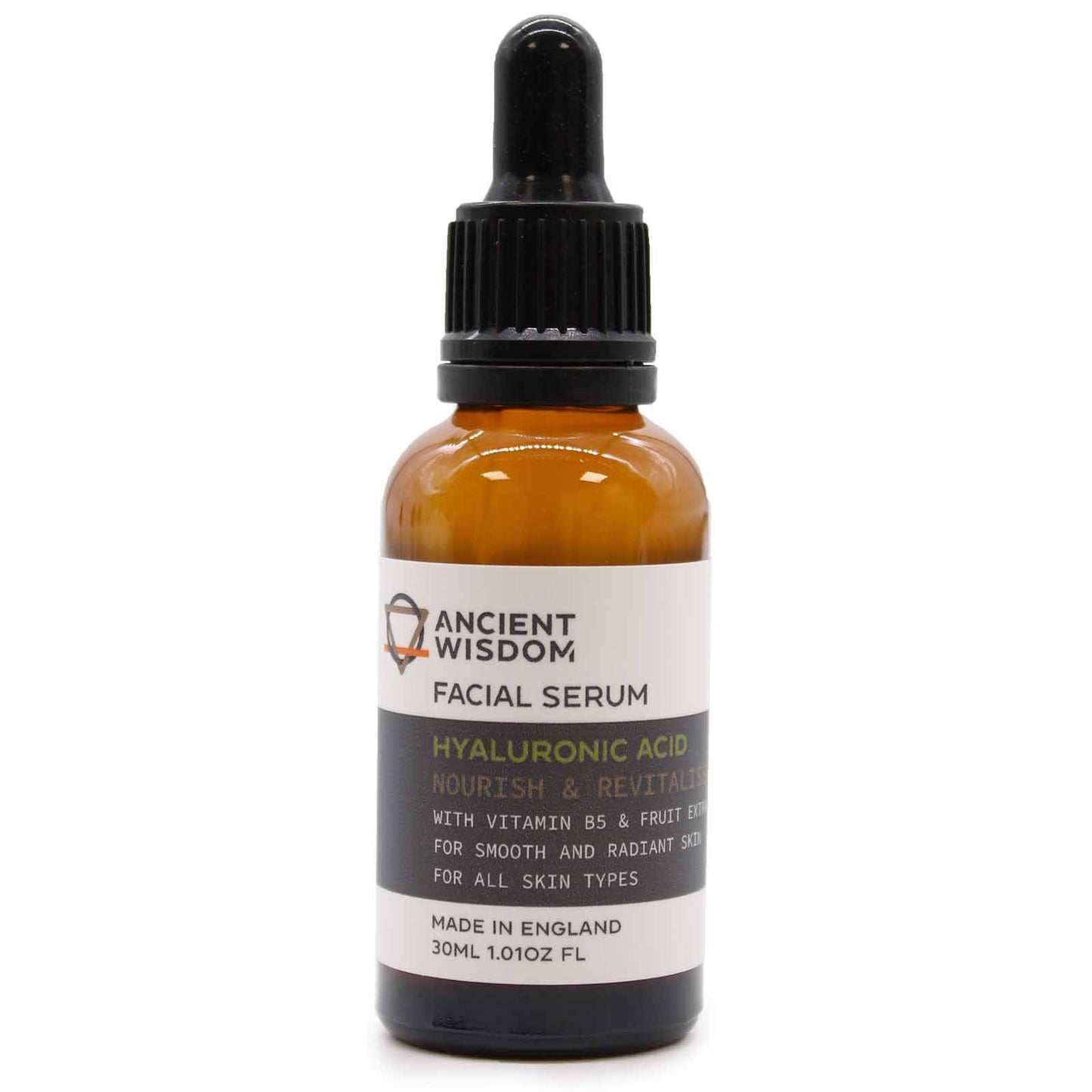 Clear glass dropper bottle containing hydrating hyaluronic acid facial serum for a smooth and radiant complexion.