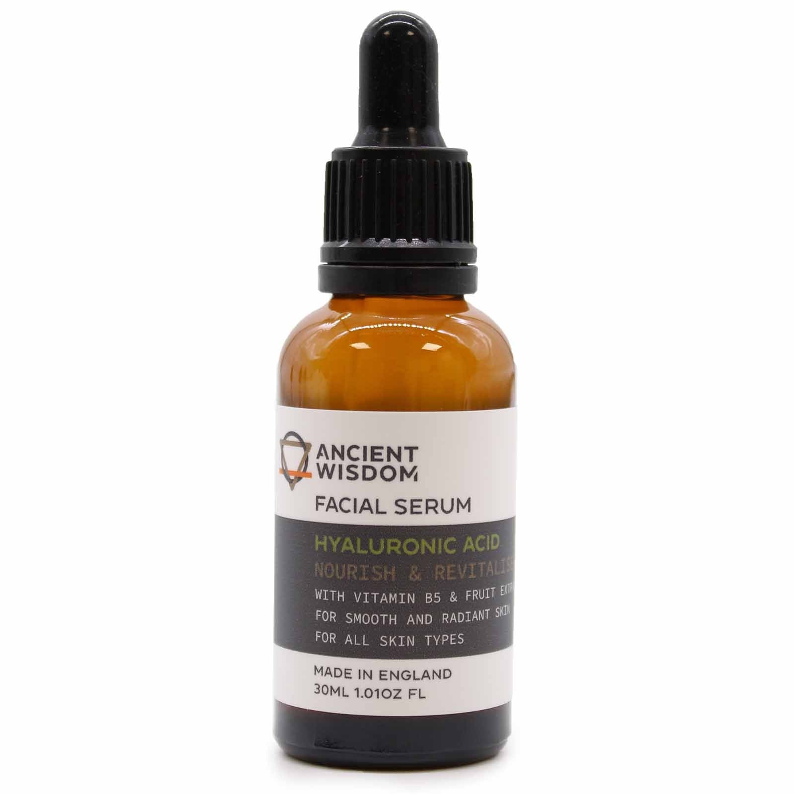 Clear glass dropper bottle containing hydrating hyaluronic acid facial serum for a smooth and radiant complexion.