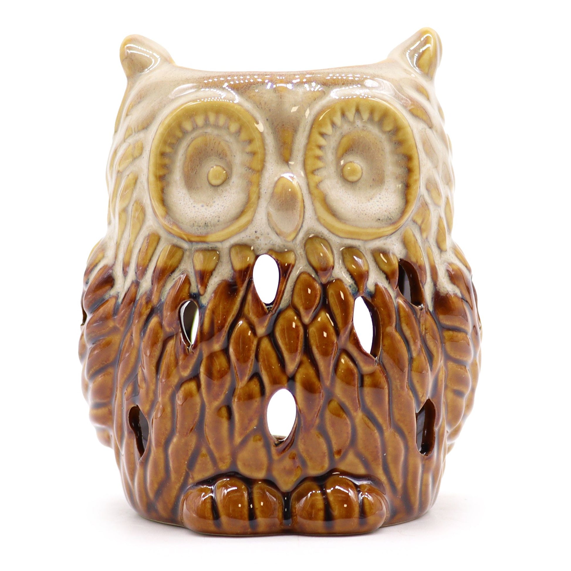 Rustic terracotta-style ceramic oil burner featuring a charming owl design with cut-out details for candlelight.