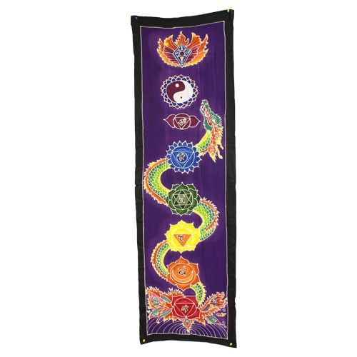 Long vertical batik wall hanging featuring colourful chakra symbols and a central dragon design in vibrant natural dyes.