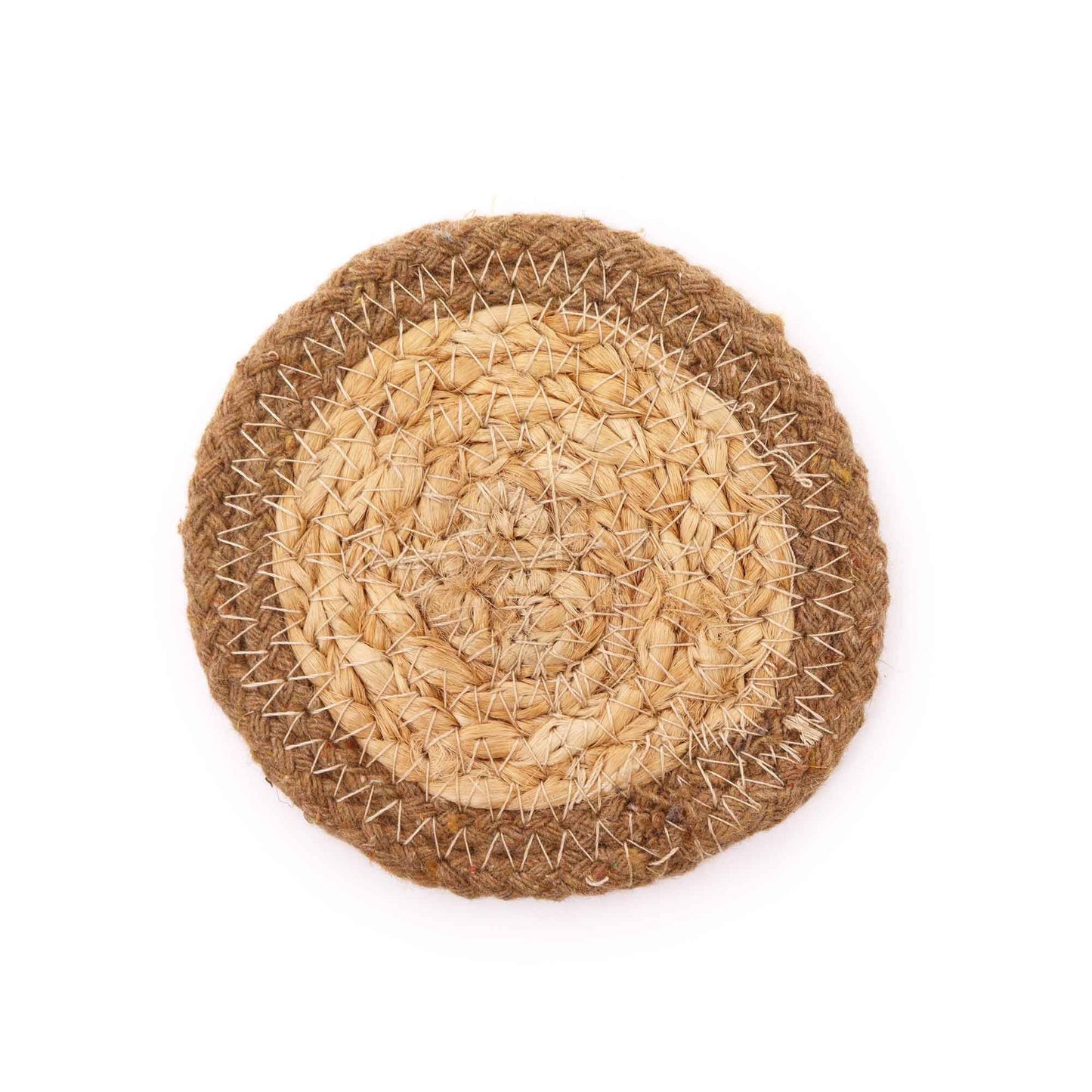 Set of four circular hand-woven coasters made from natural jute and cotton with a neutral border.